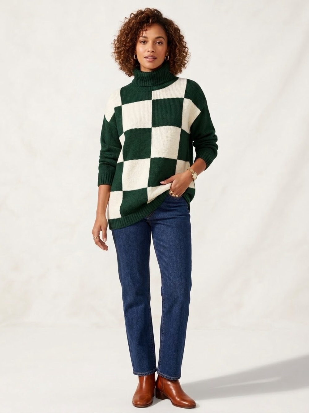Vintage 90s Women’s M Green & Cream Checkerboard Turtleneck Sweater Granny Top